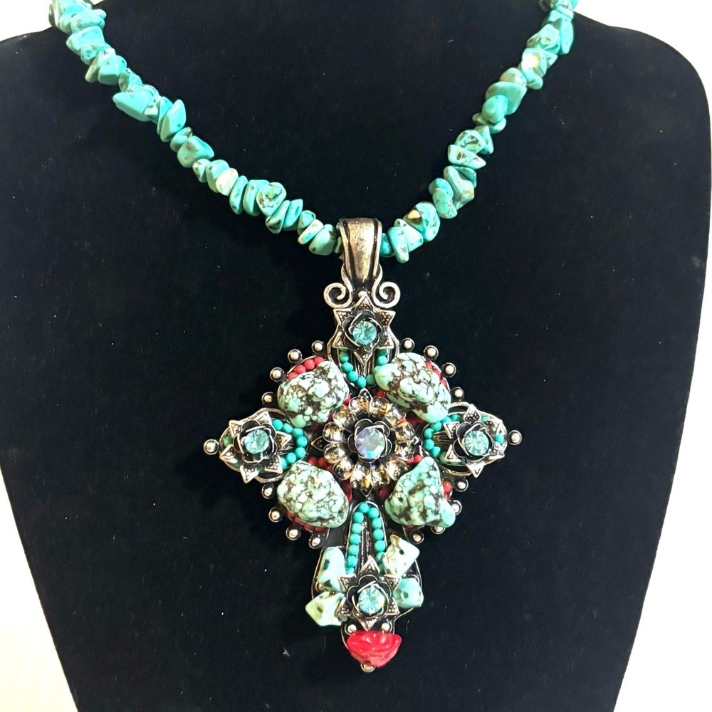 Turquoise & coral  Stones Cross Pendant Necklace - adjustable Women Jewelry
